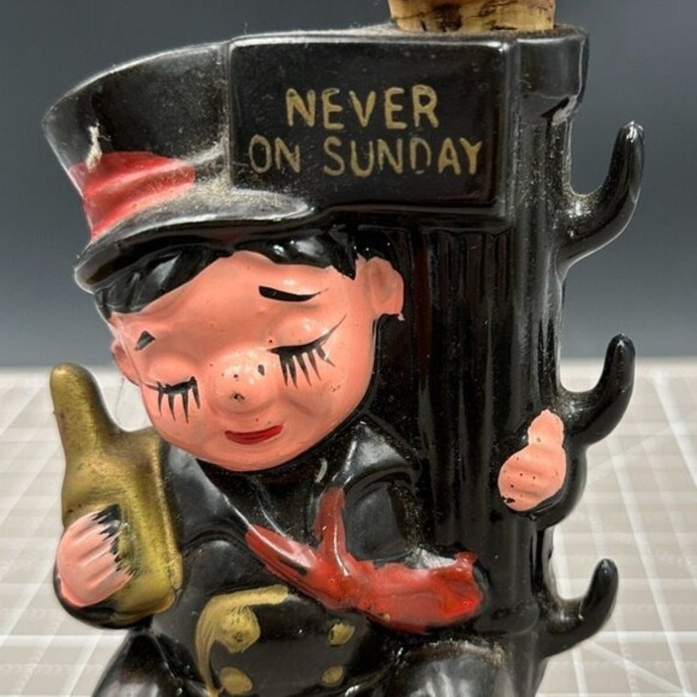 Vintage Decanter Never on Sunday Drunken Man Holding Light Post Decanter